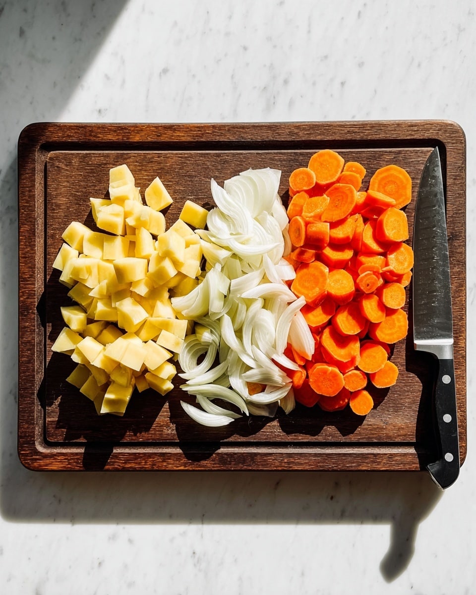 A dark wooden cutting board sits on a white marbled surface with three groups of sliced vegetables arranged neatly in rows; on the left are small yellow potato cubes, in the middle are white onion slices shaped like thin curved strips, and on the right are orange carrot rounds, all vibrant and fresh. To the right of the cutting board lies a silver knife with a black handle. Strong natural light casts sharp shadows around the objects. photo taken with an iphone --ar 4:5 --v 7