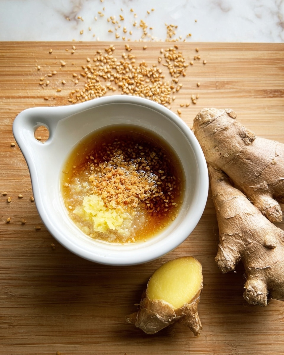 A white bowl sits on a wooden surface with a small spout on the side; inside, the sauce has three layers: a light brown liquid base, some pale yellow minced ginger on one side, and scattered tan sesame seeds on top. Beside the bowl on the right are pieces of whole ginger with rough brown skin and a small cut piece showing the yellow inside. Some sesame seeds are scattered on the wooden surface on the top left of the bowl. The background is a white marbled texture. Photo taken with an iphone --ar 4:5 --v 7