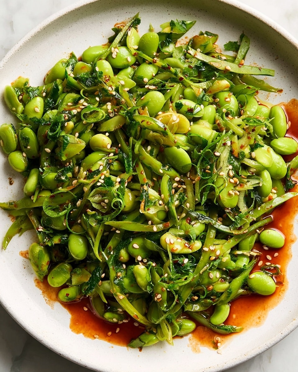 The image shows a white plate filled with a fresh green salad made of thinly sliced green beans and edamame beans. The salad is mixed with small pieces of herbs and finely chopped green onions. There are tiny white sesame seeds scattered on top, and the salad is lightly coated with a glossy red-brown dressing that pools around some areas. The plate is set on a white marbled surface. photo taken with an iphone --ar 4:5 --v 7