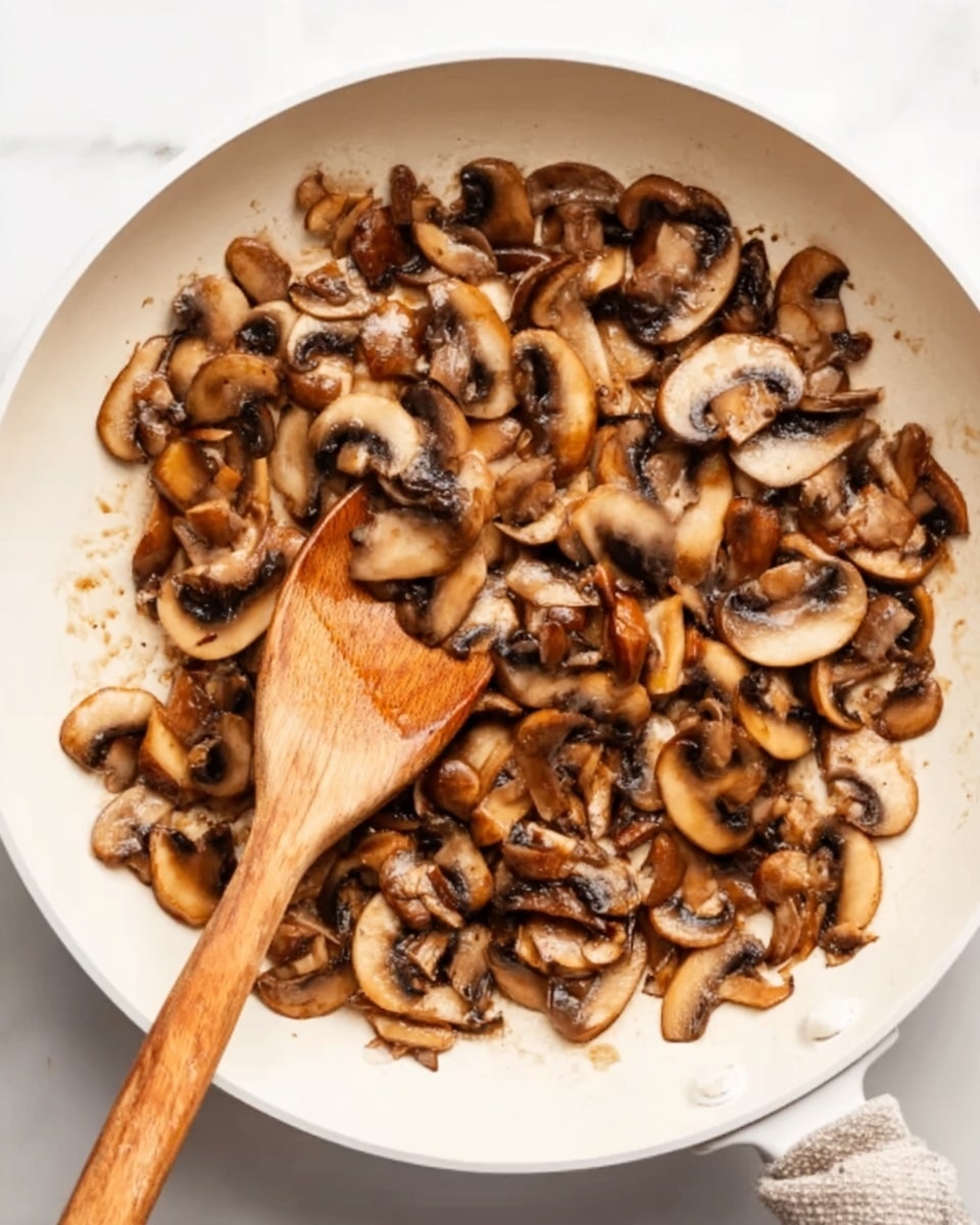 A white frying pan filled with many small sliced mushrooms that are brown and soft, showing a cooked texture. A wooden spoon rests inside the pan, partially covered by the mushrooms. The pan sits on a white marbled surface, adding a clean, bright background to the warm tones of the mushrooms and spoon. photo taken with an iphone --ar 4:5 --v 7