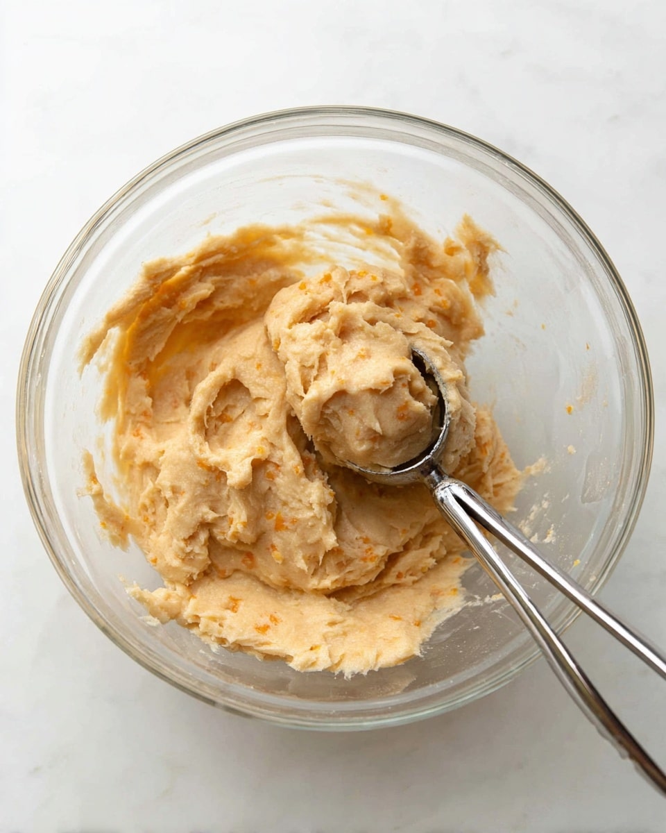 A clear glass bowl contains light tan dough with small orange specks throughout, showing a thick and slightly sticky texture. A shiny metal ice cream scoop with a long handle is partially pressed into the dough, positioned towards the right side of the bowl. The bowl sits on a white marbled surface. Photo taken with an iphone --ar 4:5 --v 7