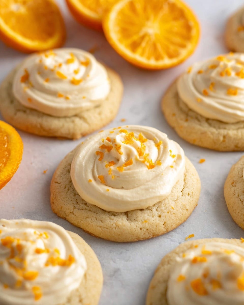 The image shows several soft round cookies on a white marbled surface, each topped with one thick swirl of creamy white frosting sprinkled with small bright orange zest pieces. The cookies are light tan with a slightly cracked texture and the frosting has a smooth, swirled look that rises gently in the center. In the background, there are halves of a bright orange citrus fruit, showing a juicy and textured interior, adding a fresh and colorful contrast. The overall look is fresh and inviting, focusing on the contrast between the soft cookie, smooth frosting, and bright orange zest. photo taken with an iphone --ar 4:5 --v 7
