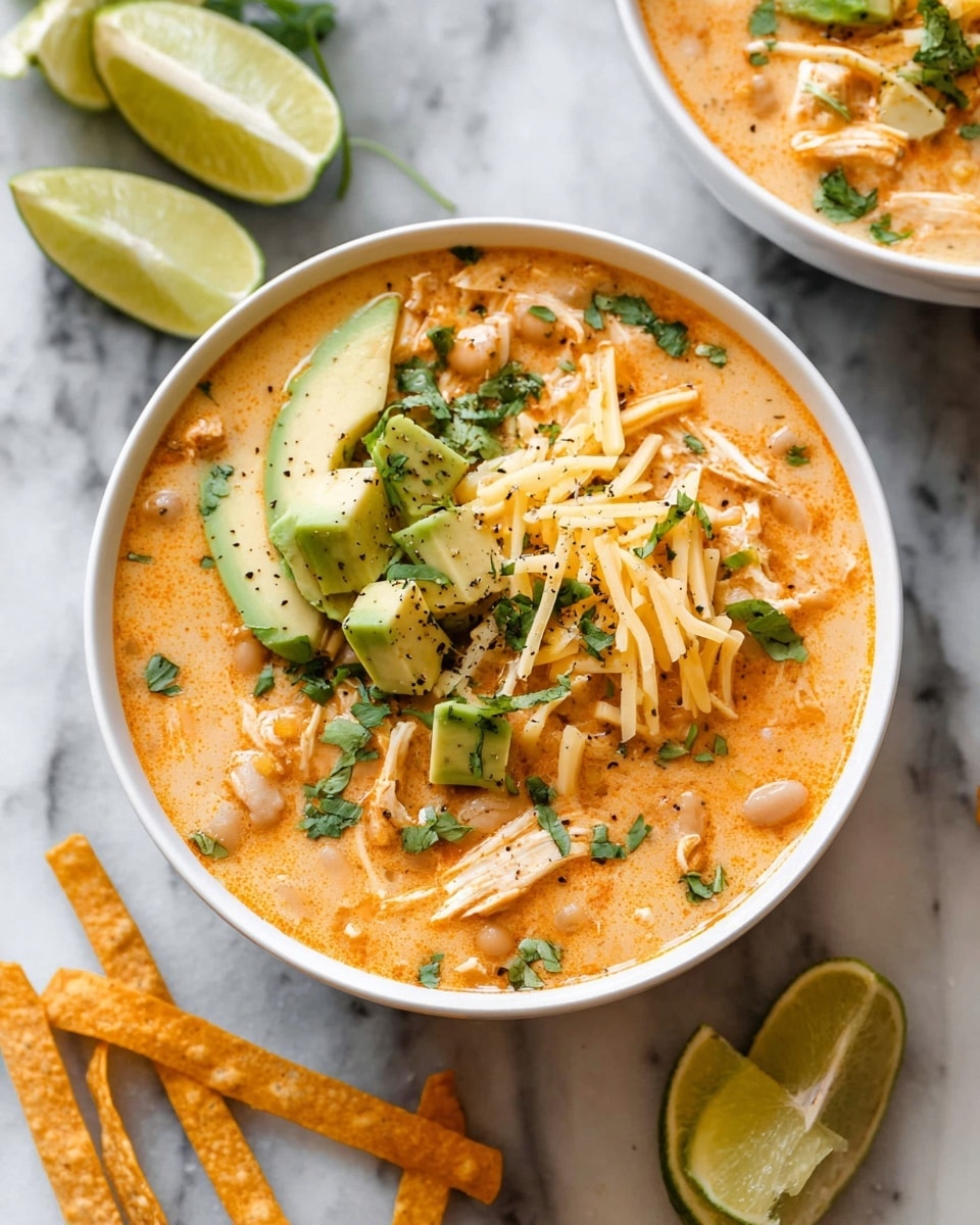 The image shows a bowl of creamy orange soup with visible chunks of white beans and shredded chicken. On top, there are three layers of garnish: light yellow shredded cheese, small green avocado cubes, and sprinkles of fresh green cilantro, some black pepper is also visible. The bowl is white and placed on a white marbled surface. Nearby are halved limes and extra avocado pieces, along with thin orange tortilla strips scattered around. Photo taken with an iphone --ar 4:5 --v 7