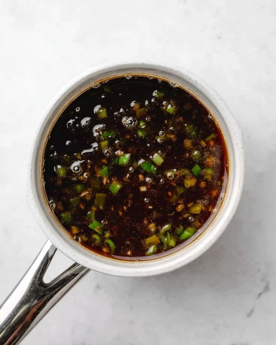 A small white saucepan filled with dark brown sauce that has small green and white pieces, likely chopped green onions, floating on the surface. The liquid appears thick and glossy, and there are tiny bubbles around the edges. The saucepan handle extends to the lower left side, and it sits on a white marbled surface. Photo taken with an iphone --ar 4:5 --v 7