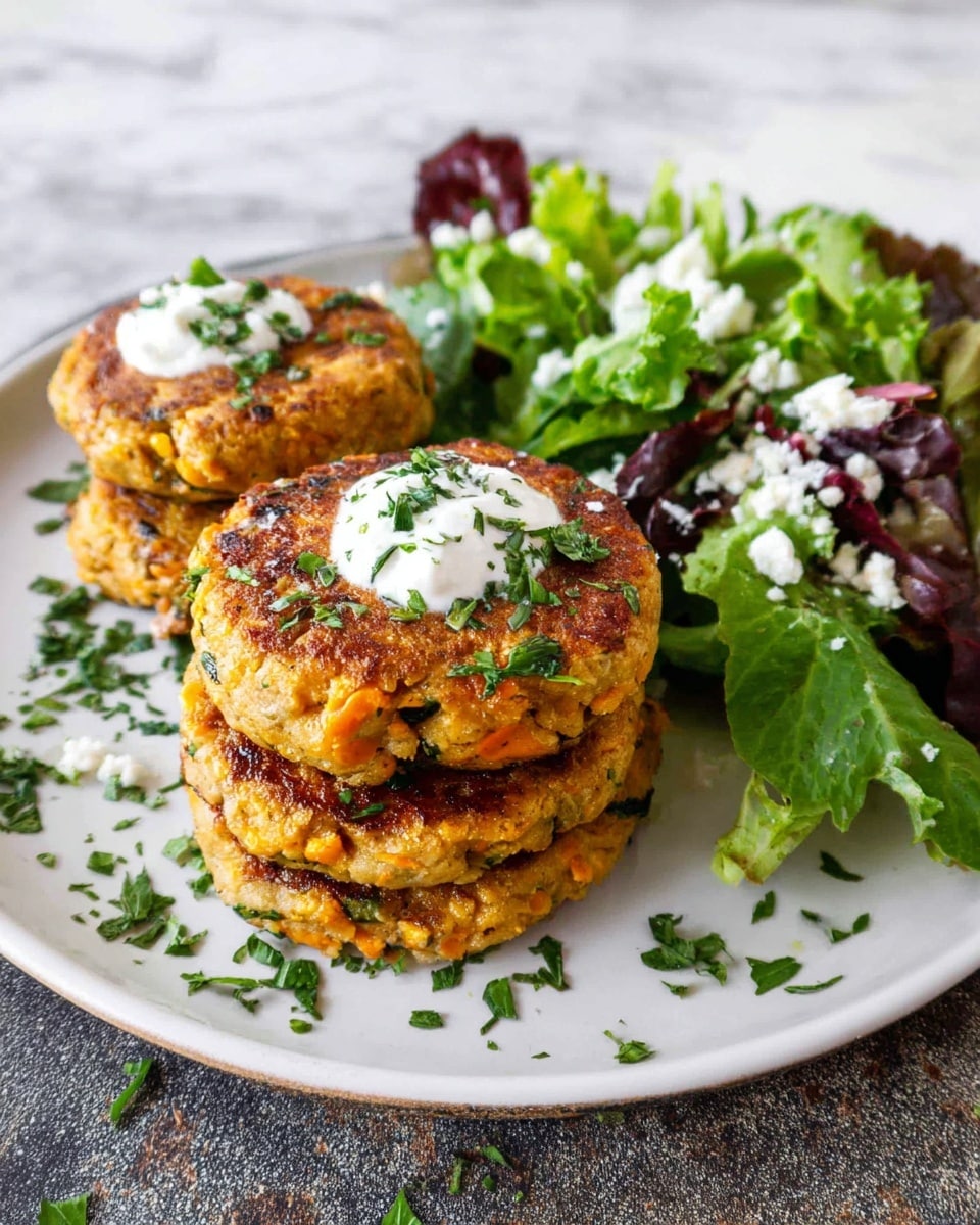 The image shows a white plate with four golden-brown patties stacked in two layers on the left side, each patty topped with a small dollop of white sauce sprinkled with chopped green herbs. The patties have a slightly crispy texture with visible green and orange bits inside. To the right of the patties, there is a fresh mixed green salad with varied leafy textures and some white crumbles scattered on top. The plate sits on a white marbled surface, with chopped herbs scattered around the base of the plate. Photo taken with an iphone --ar 4:5 --v 7