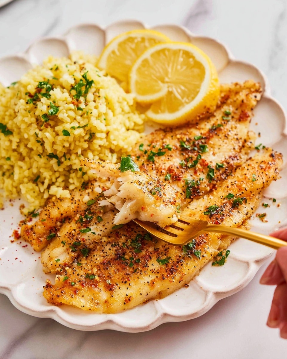 A white scalloped edge plate sits on a white marbled surface, holding a meal with two main parts. On the right side, there are two large, golden-brown fish fillets seasoned with black pepper flakes and chopped green herbs, showing a slightly crispy, textured surface. A woman's hand is holding a gold and white fork, lifting a small piece of fish from the fillet. On the left side of the plate, there is a mound of yellow rice mixed with finely chopped green herbs. Two thin lemon slices with bright yellow rinds and juicy interiors are placed just above the fish fillets. The overall scene is bright and colorful, highlighting the different textures and fresh ingredients photo taken with an iphone --ar 4:5 --v 7