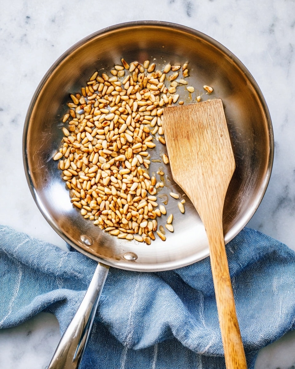 A top view of a round silver metal pan with light brown roasted pine nuts spread on the left side inside it, and a wooden spatula with a long handle resting inside the pan on the right side. The pan is placed on a white marbled surface with a folded blue and white striped cloth partly visible under the pan’s handle. Photo taken with an iphone --ar 4:5 --v 7