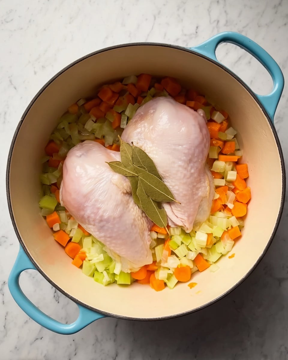 A light blue pot with two raw pink chicken pieces placed on a bed of finely chopped orange carrots, pale green celery, and white onion pieces. Two dried green bay leaves are laid on top near the center. The pot has small handles on each side, and the pot’s inside surface is cream-colored. The pot sits on a white marbled surface. photo taken with an iphone --ar 4:5 --v 7