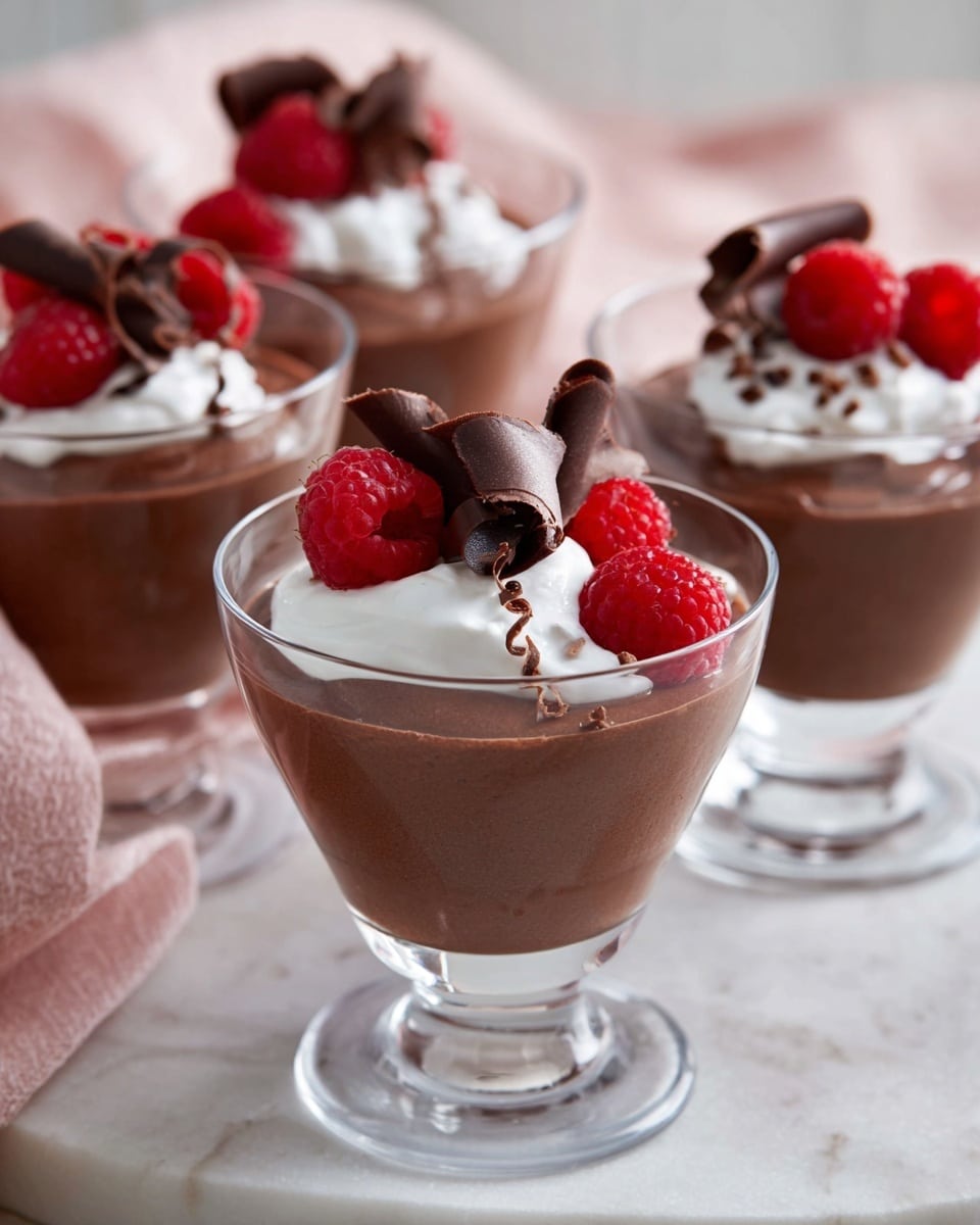 The image shows four clear glass dessert cups filled with smooth, dark brown chocolate mousse. Each cup has three layers: the bottom layer is the dense chocolate mousse with a glossy texture, topped by a dollop of white whipped cream, and finished with fresh red raspberries and a delicate curl of dark chocolate on top. The cups are placed on a white marbled surface with a soft pink cloth in the background, offering a clean and elegant look. The photo taken with an iphone --ar 4:5 --v 7