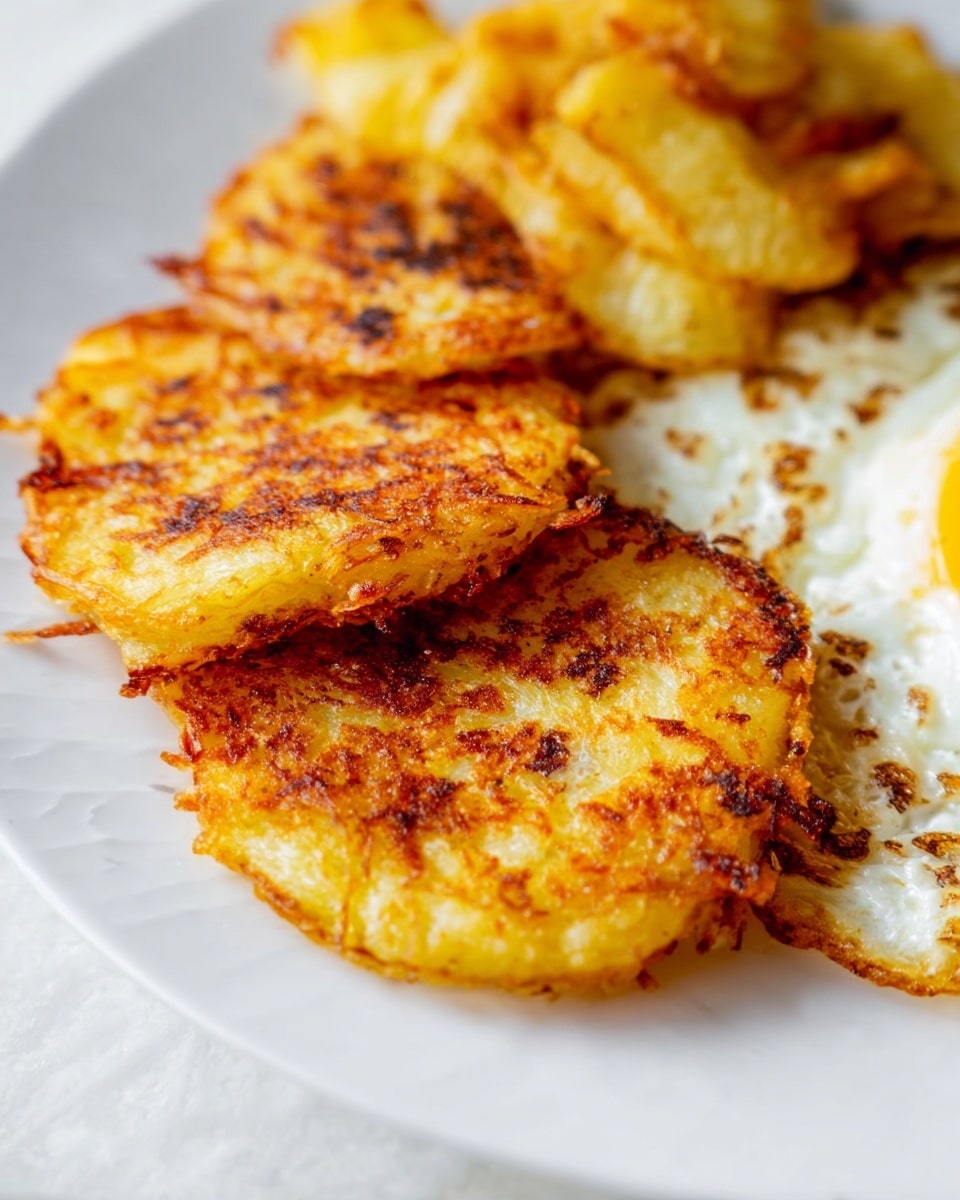 The image shows a close-up of a white plate with a white marbled texture surface, holding two main food items: three round, golden-brown potato patties with crisp edges and a slightly uneven surface texture, stacked partly overlapping on the left side of the plate, and a cooked fried egg with a white, slightly browned and bubbly edge positioned on the right side, with the yolk mostly out of view. The potato patties have a mix of light and dark golden colors, showing areas of slight charring, while the fried egg has a firm white texture with light brown spots. Photo taken with an iphone --ar 4:5 --v 7