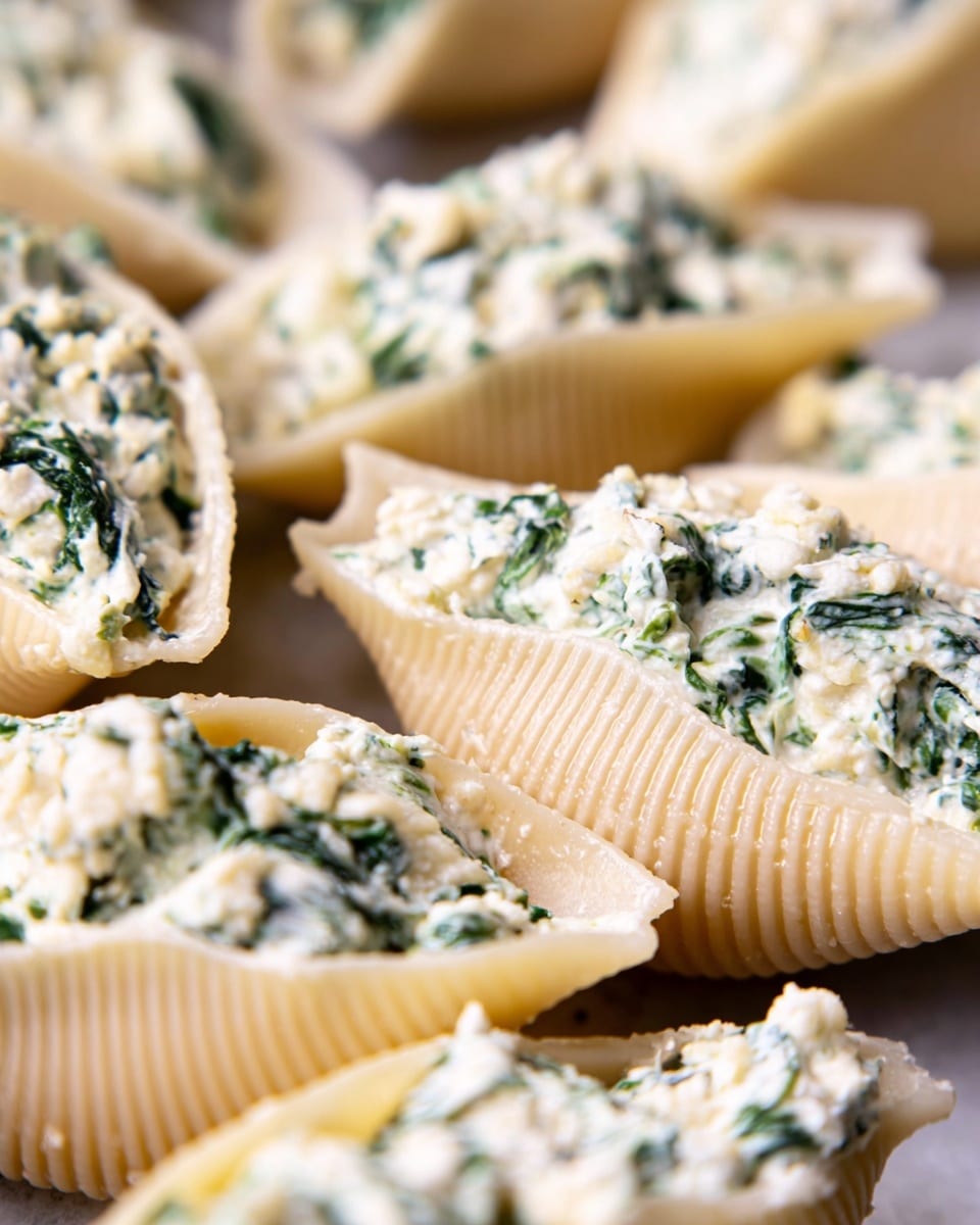 A close-up view of large pasta shells arranged in layers, each shell filled generously with a creamy white mixture that contains visible green spinach bits and small cheese chunks, creating a textured and slightly chunky surface on top. The shells have ridged edges and a pale beige color, and they are tightly packed together, giving a sense of depth and fullness to the dish. The background and surface beneath have a white marbled texture, which contrasts softly with the creamy filling and pasta shells. photo taken with an iphone --ar 4:5 --v 7