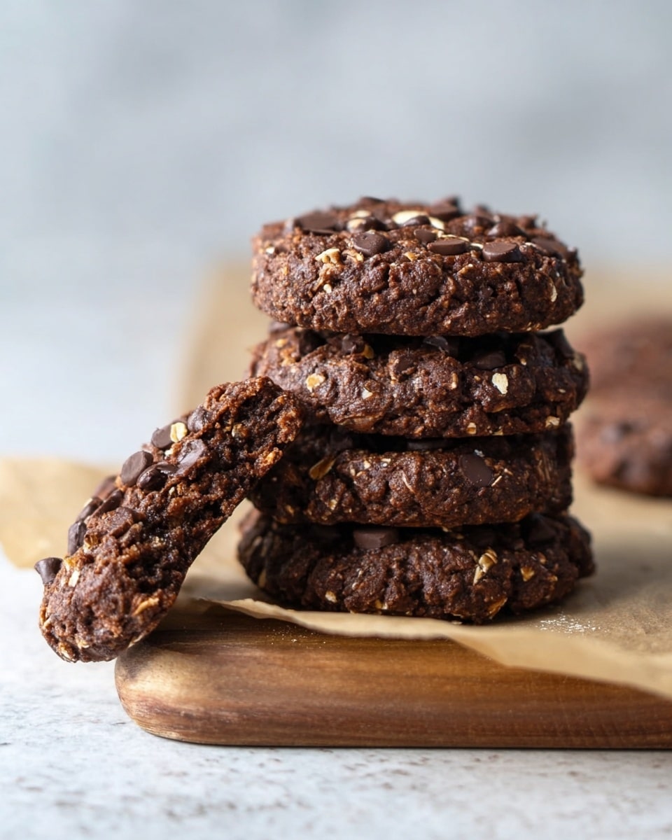 The image shows a stack of five thick dark brown cookies with visible chocolate chips and oat pieces inside. In front of the stack, two cookies rest on a sheet of light brown parchment paper placed on a wooden board. One cookie is leaning against another, with a small bite taken out, revealing a slightly crumbly texture with oats and chocolate chips. The background is a soft, smooth white marbled surface, giving a clean and bright feel. The surface beneath the cookies is slightly blurred for depth, putting focus on the rich texture of the cookies. photo taken with an iphone --ar 4:5 --v 7