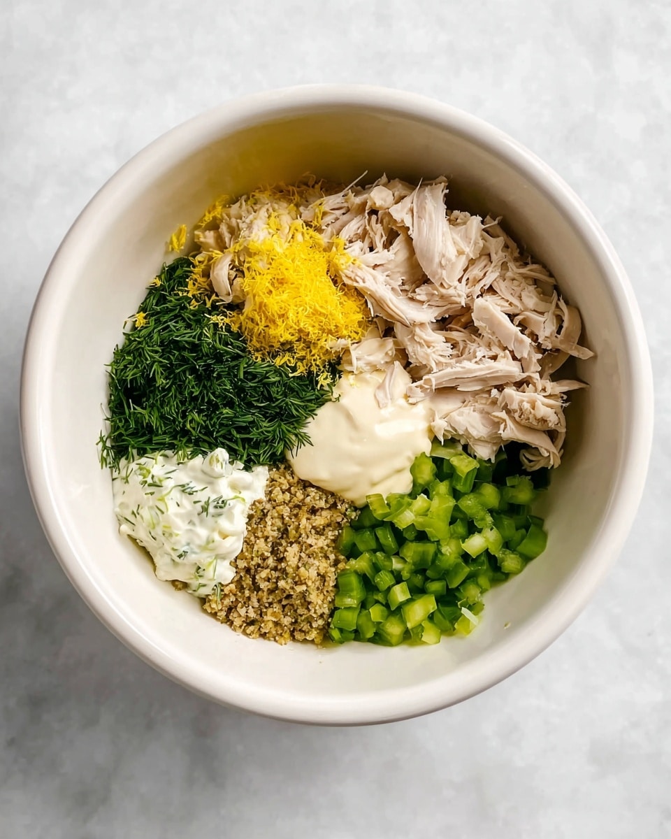 A white bowl with six distinct layers of ingredients arranged side by side inside. On the top right, there are light beige shredded pieces of chicken. To the left of the chicken, there is a bright yellow zest, and next to it is a dark green chopped herb, likely dill. Below the herb, there is a dollop of light beige mayonnaise beside a smaller dollop of white creamy sauce with green flecks. In the center bottom, there is a portion of grainy brown mustard. On the bottom right, green diced celery pieces complete the circle. The bowl sits on a white marbled surface. Photo taken with an iphone --ar 4:5 --v 7