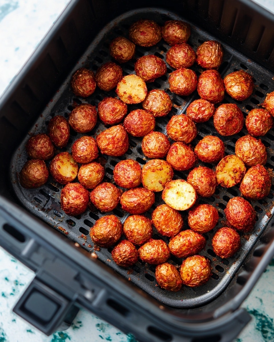 A single layer of small, round roasted potatoes sits inside a black air fryer basket. The potatoes have a reddish-brown color with a crispy, textured surface and some are sliced in half showing a golden interior. The air fryer basket has a grid pattern, and the black handle of the fryer is visible at the bottom right. The background is a white marbled texture. photo taken with an iphone --ar 4:5 --v 7