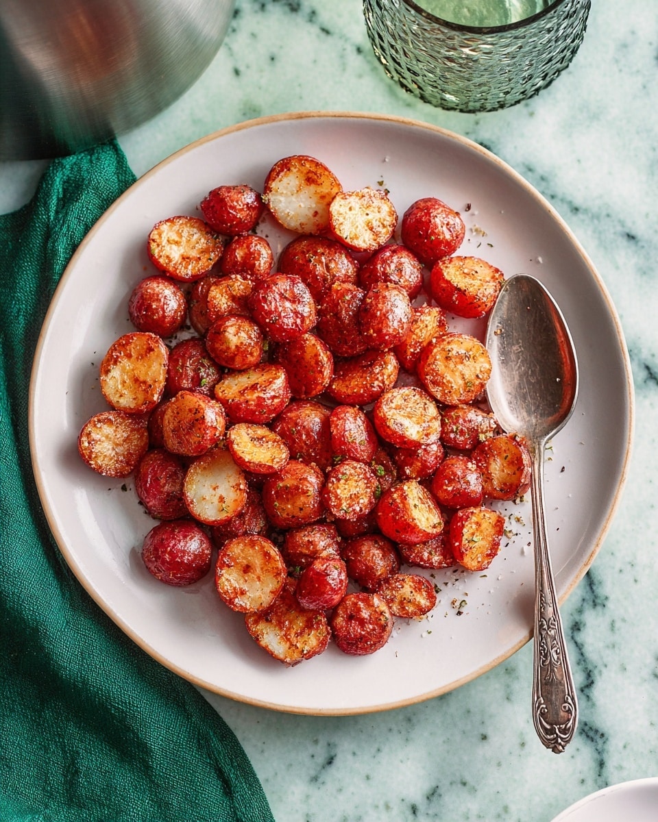 A white plate filled with small, round, roasted radishes that are reddish-brown with a slightly rough, crispy texture. Some radishes are cut in halves showing a whitish interior with seasoning on the surface. An ornate, vintage silver spoon rests on the right side of the plate partially under some radishes. The plate is set on a white marbled textured surface, with a green cloth partially visible at the bottom left corner, and a metallic pot and clear textured glasses blurred in the background. Photo taken with an iphone --ar 4:5 --v 7