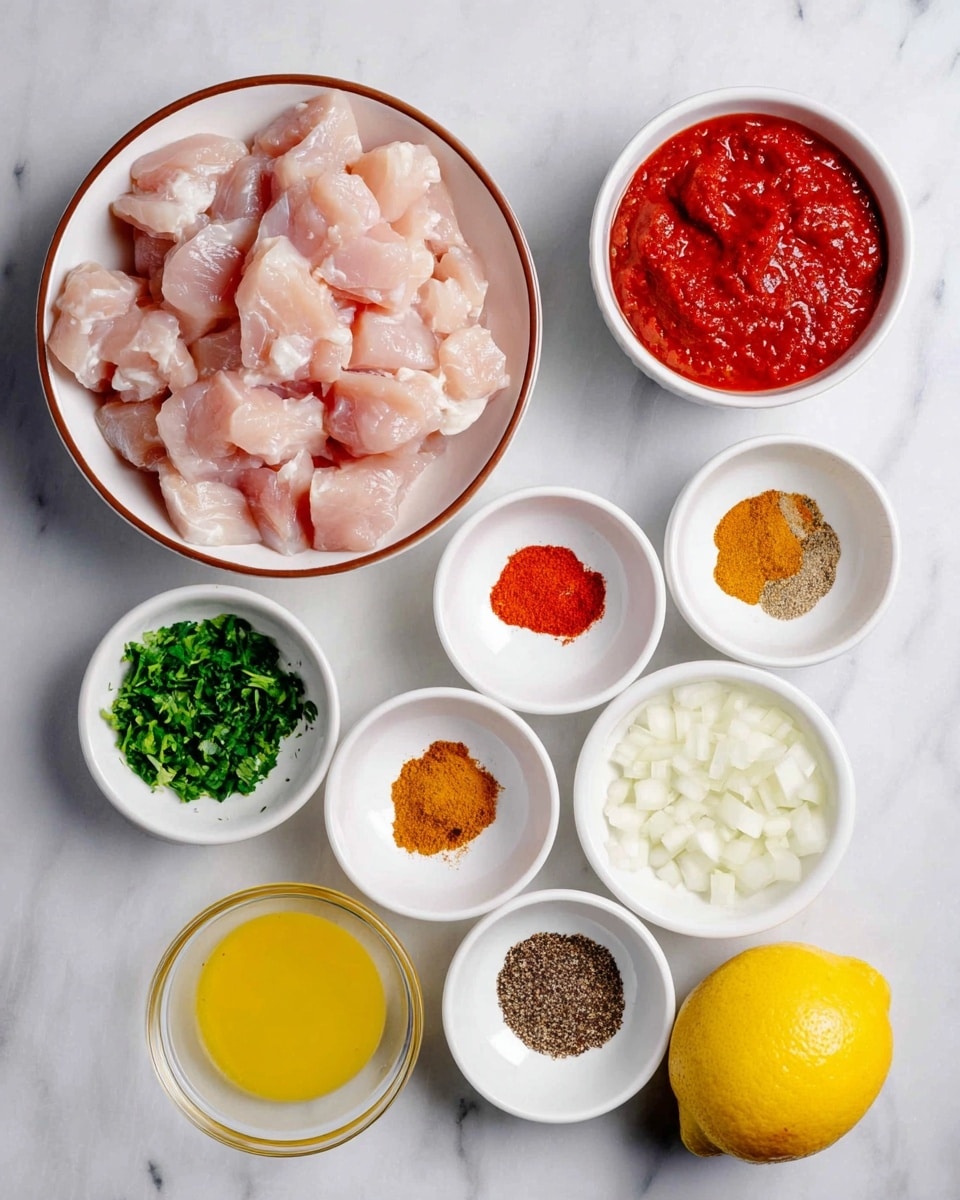 The image shows an arrangement of various cooking ingredients on a white marbled surface. At the top left, a white bowl with a brown rim holds light pink, cubed raw chicken pieces, appearing fresh and moist. To the top right, a small white bowl is filled with bright red tomato paste, smooth and thick in texture. Directly below these, small white bowls contain finely chopped green herbs, diced white onions, and a creamy white liquid, each with a clean look and distinct colors. On the right side, another white bowl holds four different spices separated into sections: orange, light brown, red, and black specks. Below these, a similar bowl contains four more spices split into parts: deep brown, black, white, and an orange-red powder. At the lower left is a small clear bowl with bright yellow mustard or sauce, its surface smooth and glossy. Next to everything sits a fresh yellow lemon with a natural texture and subtle shine. The overall setup is neat, colorful, and ready for cooking preparation, photo taken with an iphone --ar 4:5 --v 7