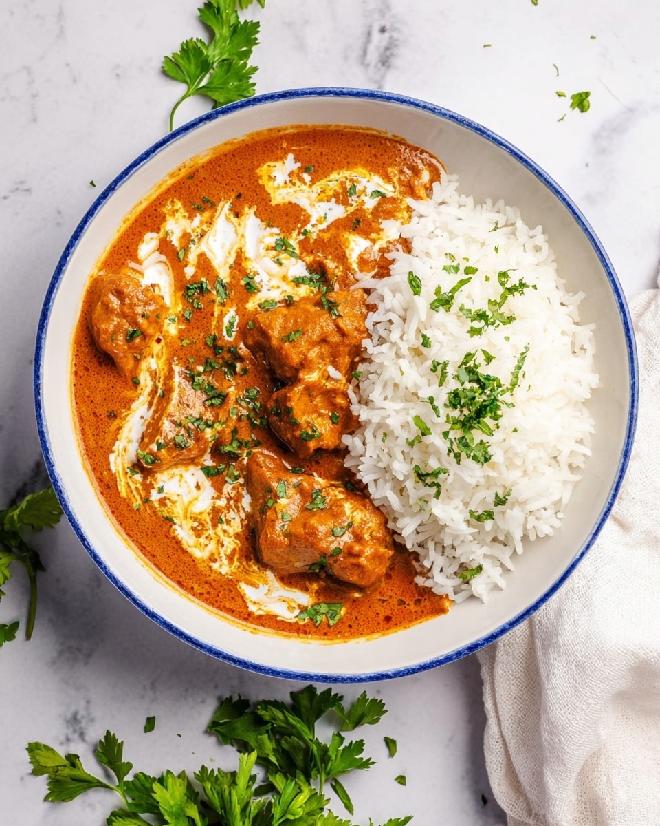 A white bowl with a thin blue rim holds two main layers: on the left, thick orange-brown curry with chunky pieces of meat covered in creamy white swirls and sprinkled with green chopped herbs, and on the right, a mound of fluffy white rice with a few green herb bits on top. The bowl sits on a white marbled surface with some fresh green herbs scattered nearby and a white cloth partially visible on the right side. photo taken with an iphone --ar 4:5 --v 7