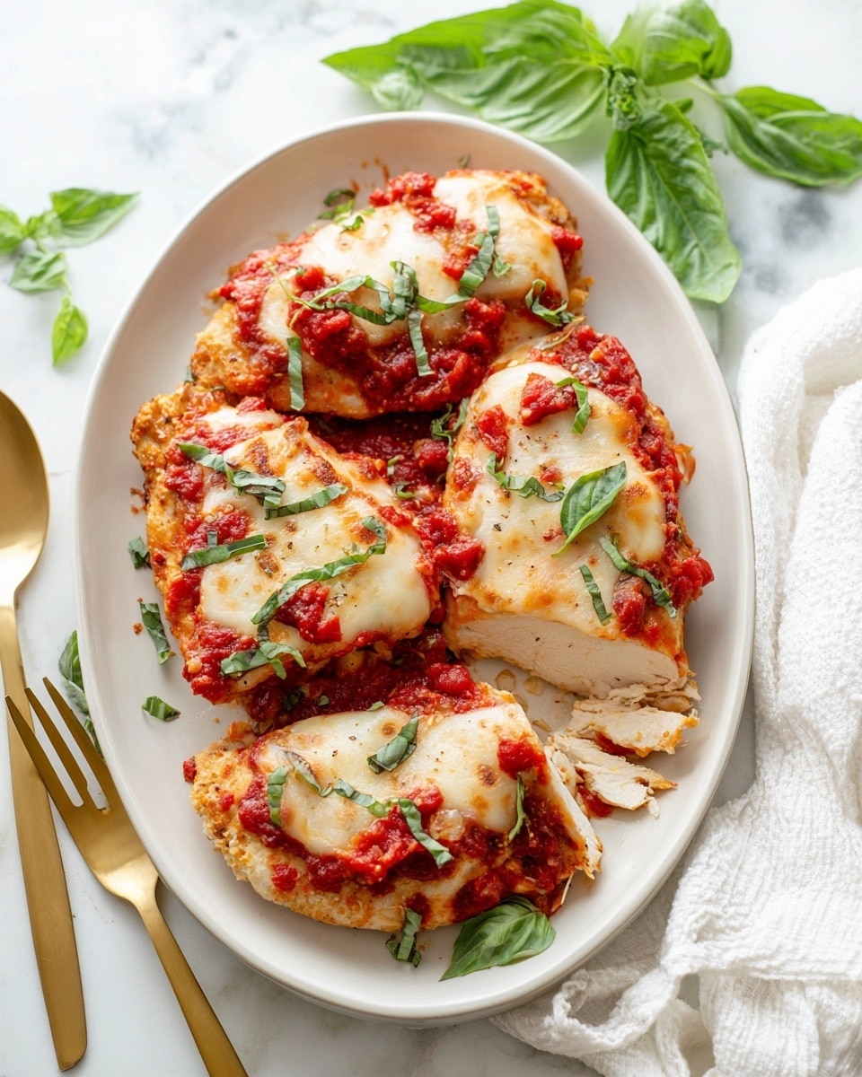 The dish shows five pieces of baked chicken topped with a layer of melted light golden cheese and chunks of bright red tomato sauce. The chicken is light beige and cut open on one piece to show its inside. Fresh green basil leaves are scattered on top and around the chicken. The food is served on a white oval plate placed on a white marbled surface. Next to the plate, there is a gold spoon and a gold fork resting partially on the plate. Some green basil leaves and a white cloth are visible in the background. photo taken with an iphone --ar 4:5 --v 7