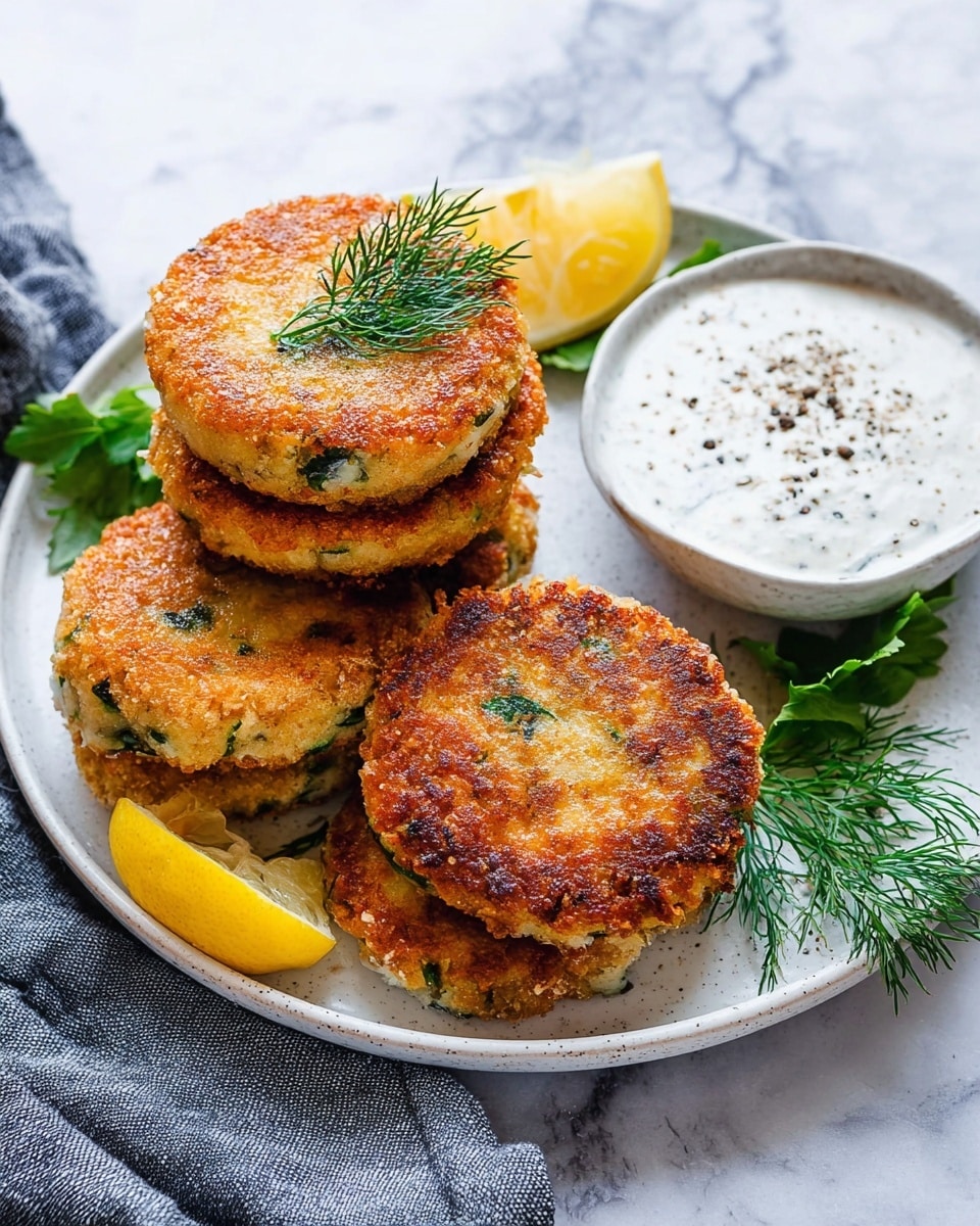 A white plate with five golden brown patties stacked slightly unevenly, each patty showing green herb flecks and a crispy texture. To the side of the patties are two bright yellow lemon wedges and some leafy green garnish. A small white bowl filled with a creamy white sauce dotted with black pepper and topped with a sprig of fresh dill sits beside the patties. The plate rests on a white marbled surface with a piece of gray cloth nearby. Photo taken with an iphone --ar 4:5 --v 7