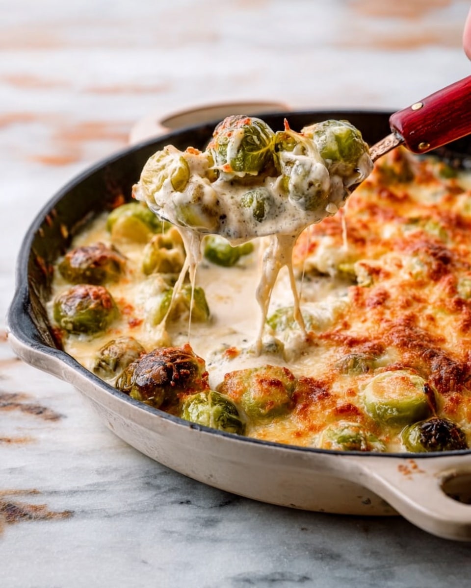 A white cast iron skillet filled with Brussels sprouts covered in melted, bubbly cheese with a golden-brown top layer, some cheese strings stretching as a spoon lifts several Brussels sprouts from the creamy cheesy sauce below, showing a rich texture of cheese and sauce underneath the crispy surface, with the skillet placed on a white marbled surface; a woman's hand holds the spoon lifting the food photo taken with an iphone --ar 4:5 --v 7