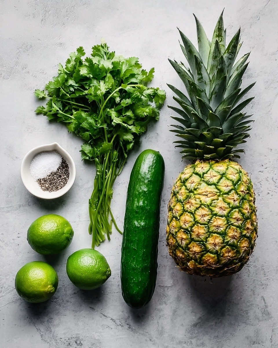 The image shows fresh ingredients on a white marbled surface arranged in a line. From left to right, there is a small white dish holding salt and black pepper, two whole green limes, a large bunch of fresh green cilantro with leafy texture, a whole pineapple with rough textured yellow and green skin and spiky green leaves on top, two small dark green chili peppers, and a long smooth dark green cucumber. The colors are vivid with various shades of green and the textures range from smooth to rough and leafy. Photo taken with an iphone --ar 4:5 --v 7