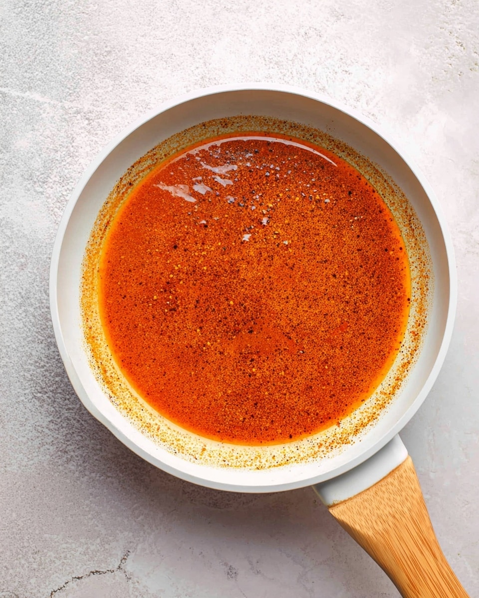 A white pan with a light wooden handle holds a single layer of orange-red oil mixed with small dark spices spread evenly across the surface. The oil has a shiny texture and is slightly bubbled, with a thin darker ring near the edge of the pan. The pan is placed on a white marbled surface, giving a clean and bright background. photo taken with an iphone --ar 4:5 --v 7