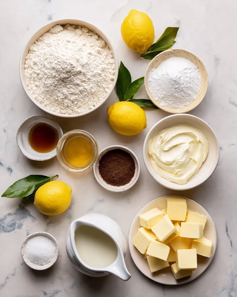 The image shows an overhead view of various baking ingredients arranged neatly on a white marbled surface. There is a large white bowl filled with flour on the left side. Below it, a white bowl holds a pile of sugar. Near the center are three bright yellow lemons with green leaves, placed beside a small white bowl of light golden honey. Next to the honey, a small white bowl contains a dark brown powder, and near it, a white pitcher is filled with milk. On the right side, a white bowl holds cream cheese, and a smaller white bowl nearby has baking powder and salt. In the middle of the setup, a white plate is filled with yellow cubes of butter. All bowls and plates are white, and the background is a smooth white marbled texture. Photo taken with an iphone --ar 4:5 --v 7