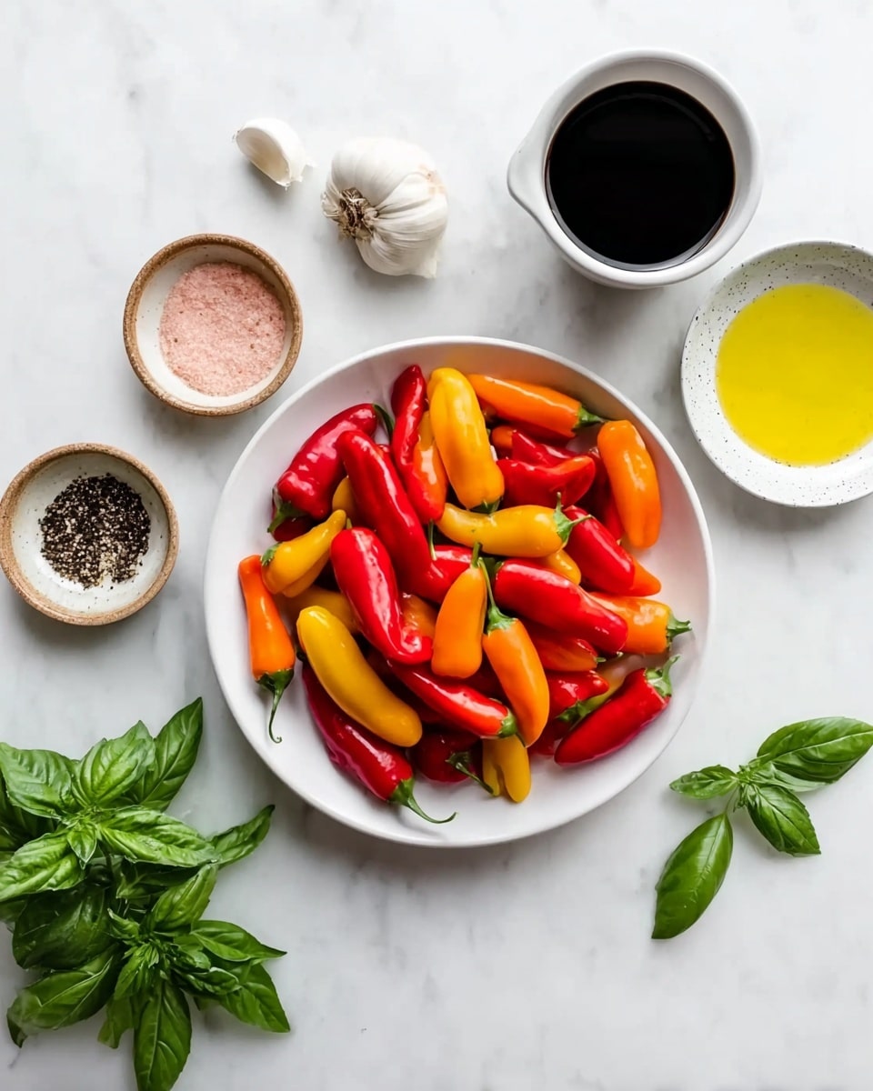 The image shows a white plate filled with many small peppers in bright colors, including red, yellow, and orange, all piled together. Around the plate, there are small bowls with different ingredients: one bowl has black pepper, another has pink salt, and another has yellow olive oil. Above the plate, there are two garlic cloves and fresh green basil leaves. To the top right, there is a white container filled with dark soy sauce. All items are placed on a white marbled surface. photo taken with an iphone --ar 4:5 --v 7