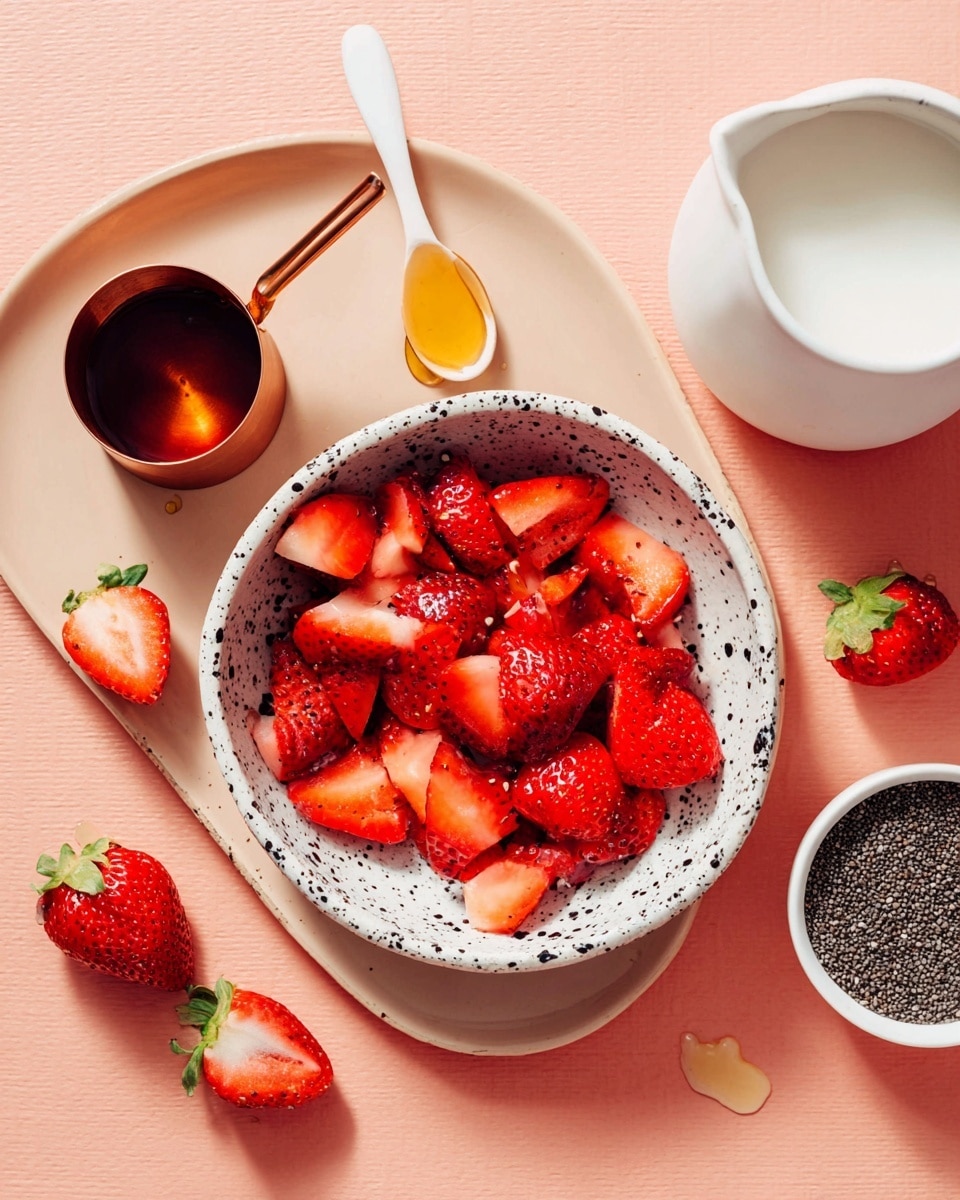 The image shows a white bowl with black speckles filled with bright red strawberry pieces, mostly cut in half or quarters, sitting on a light peach oval plate. On the plate, near the bowl, is a copper measuring cup with dark brown syrup and a small drop of honey nearby. Around the plate, there are a few whole strawberries and some strawberry pieces scattered on a soft pink surface. Near the top right, there is a white ceramic pitcher with milk, and next to it is a small white bowl with black speckles filled with tiny black chia seeds. A white spoon with honey rests above the plate, completing the fresh and colorful layout. Photo taken with an iphone --ar 4:5 --v 7