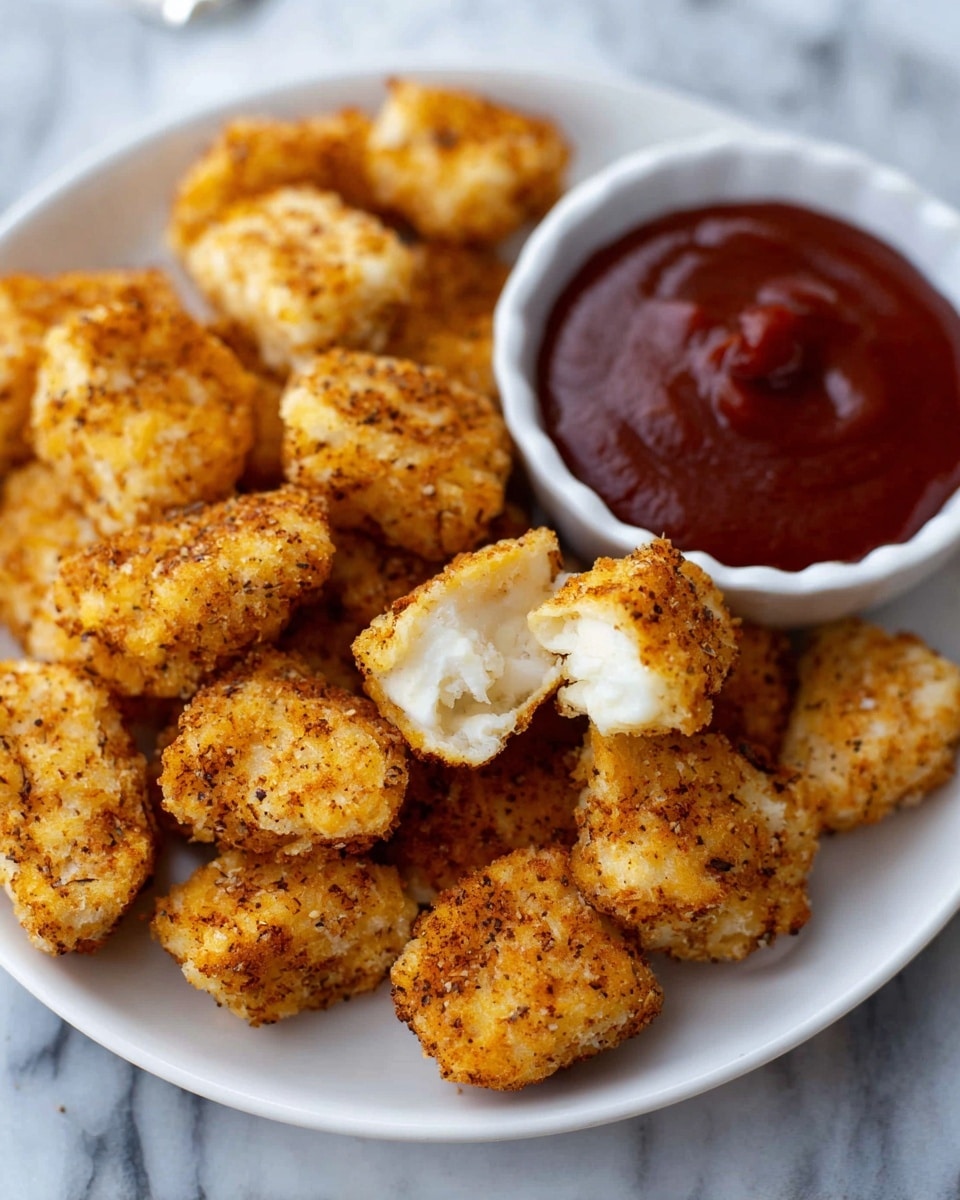 The image shows a white plate full of small, golden brown fried pieces with a crispy and seasoned outer layer. One piece in the center is open, revealing a soft, white interior. Behind these pieces, there is a small white bowl filled with thick, dark red sauce. The plate sits on a white marbled surface. The photo taken with an iphone --ar 4:5 --v 7