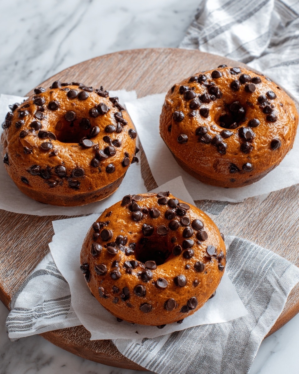 Three chocolate chip donuts with a shiny, golden-brown surface are arranged on small white square papers on a round wooden board. Each donut is thick and slightly uneven in texture, with many dark chocolate chips scattered across the top and into the dough. The board is placed on a white marbled surface, with a gray and white striped cloth partially visible under the board. The lighting softly highlights the glossy texture of the donuts, making them look fresh and rich. Photo taken with an iphone --ar 4:5 --v 7