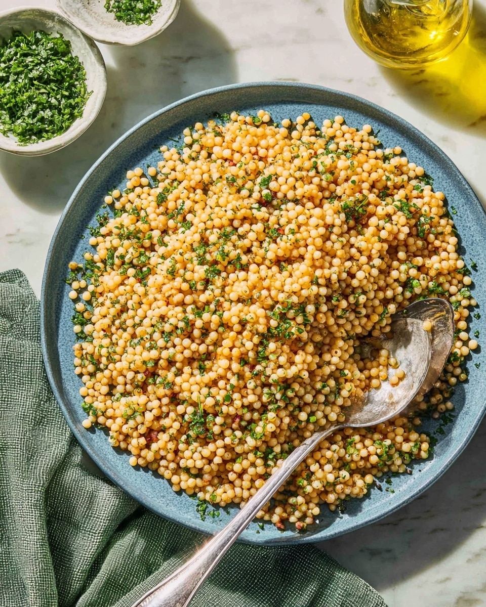 A blue plate filled with a single layer of small round couscous-like grains that are a mix of light golden and light brown colors, garnished with finely chopped green herbs scattered evenly on top. A large silver spoon is resting on the right side of the plate, partially covered by the grains. In the background, there is a small white bowl with chopped green herbs, a green cloth napkin, and a glass bottle with yellow oil, all placed on a white marbled surface. Photo taken with an iphone --ar 4:5 --v 7