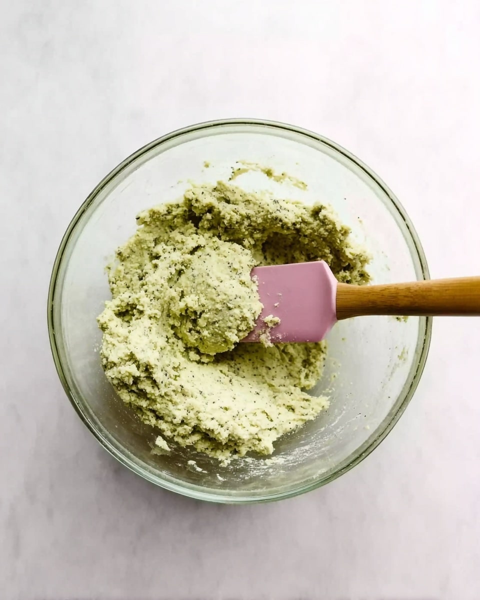 A clear glass bowl sits on a white marbled surface filled with a rough, soft dough mixture that is a light green color with small darker green specks. A pink silicone spatula with a wooden handle is resting inside the bowl on the right side, partially covered with the dough. The texture of the dough looks thick and slightly crumbly, and the scene is lit brightly with soft shadows. photo taken with an iphone --ar 4:5 --v 7