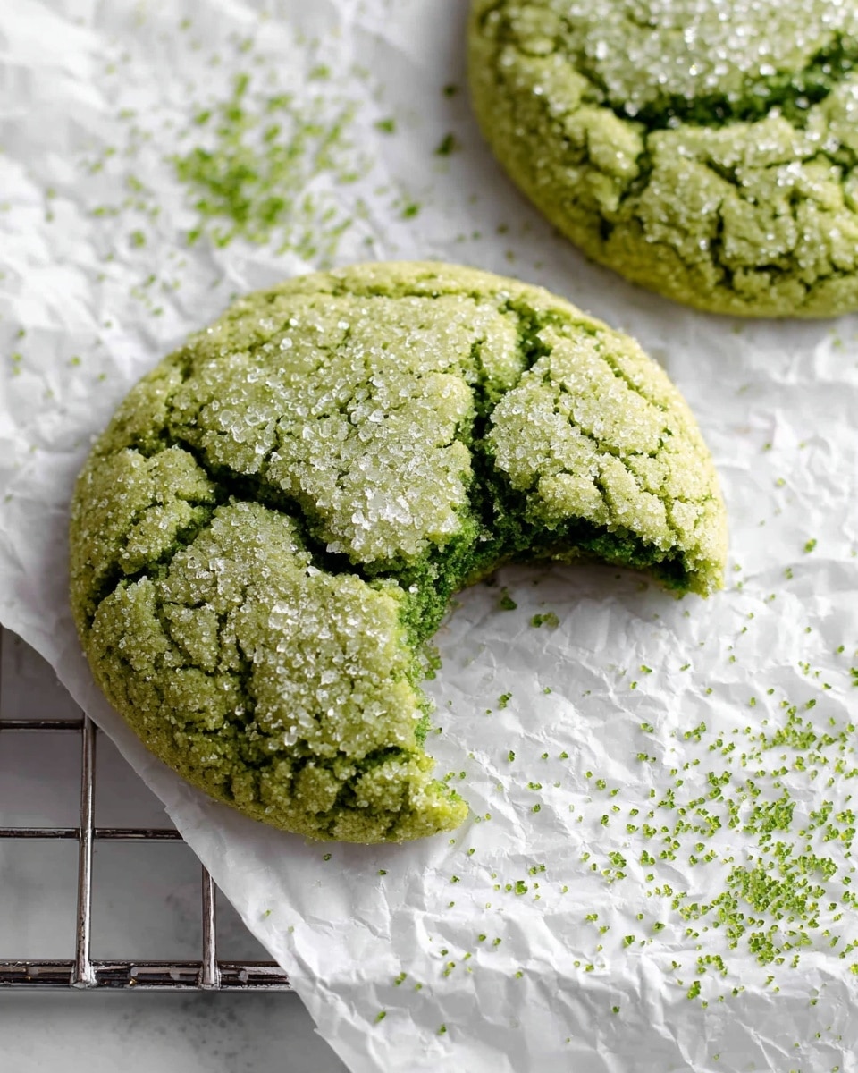 The image shows two round green cookies on a white piece of crumpled parchment paper placed on a metal cooling rack with a white marbled surface underneath. Each cookie has a cracked texture on top with large sugar crystals sprinkled over. One cookie is whole while the other has a bite taken out of it, showing its soft inside. There are small green powder sprinkles scattered around on the parchment and the marbled surface. photo taken with an iphone --ar 4:5 --v 7