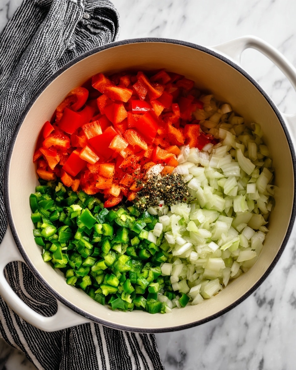 A white pot filled with three main layers of chopped vegetables arranged side by side: bright red bell peppers on the top left, light cream chopped onions on the right, and bright green chopped jalapeños at the bottom left. Some black pepper and small pieces of mushrooms are sprinkled in the middle on top of the veggies. The pot is placed on a white marbled surface, and a striped black and white cloth is lying next to it on the left. Photo taken with an iphone --ar 4:5 --v 7