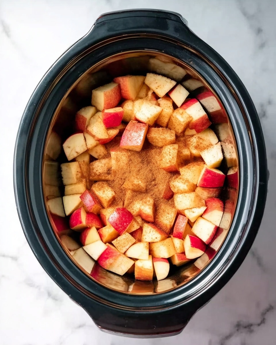 The image shows a close-up of a black slow cooker filled with several layers of small apple pieces. The apple chunks have red and yellow skin, with a light dusting of brown cinnamon powder evenly spread on top. The apples look fresh and are arranged loosely inside the cooker, creating a colorful mix of red, yellow, and brown. The slow cooker sits on a white marbled surface. photo taken with an iphone --ar 4:5 --v 7