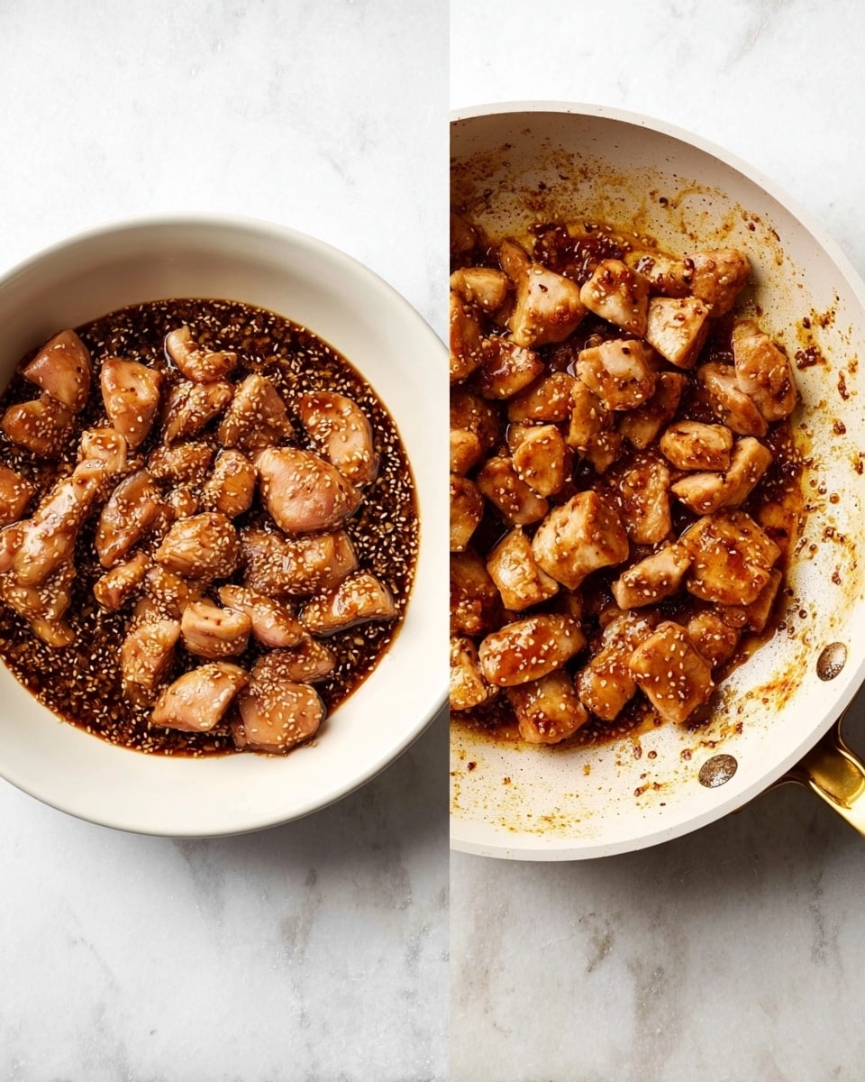 Two white bowls sit side by side on a white marbled surface. The left bowl is filled with raw chicken pieces covered in a dark brown sauce with visible sesame seeds, giving the sauce a textured look. The chicken pieces are pale pink, glossy, and unevenly shaped, partially submerged in the thick sauce. On the right, a white skillet with a gold handle holds cooked chicken cubes, browned evenly with a slightly darker caramelized sauce coating them. The skillet's sides show splatters of sauce from cooking, adding a rustic feel to the scene. photo taken with an iphone --ar 4:5 --v 7