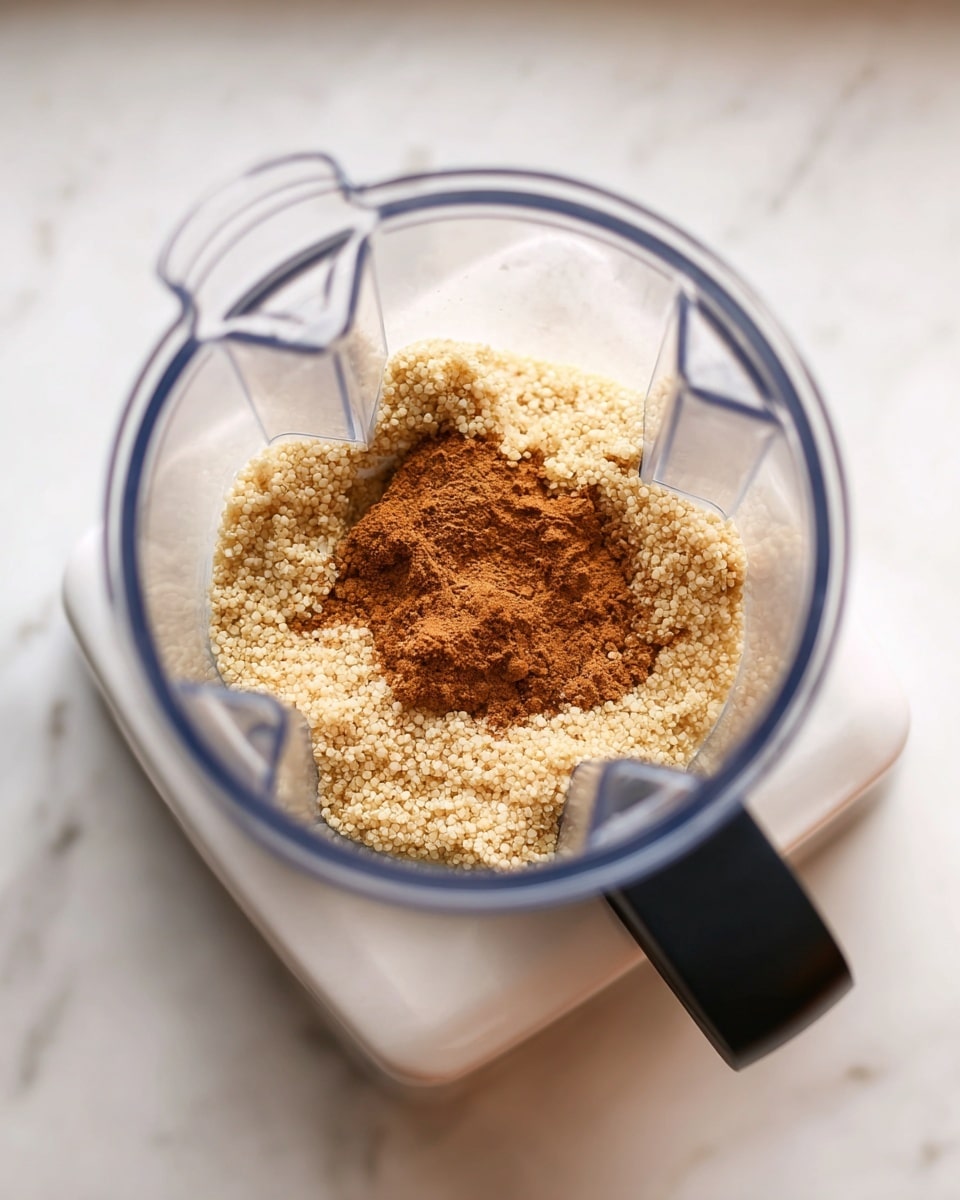 Inside a clear blender jar, there is a layer of cooked quinoa that looks light beige and soft, covering most of the bottom. In the center, a small heap of cinnamon powder rests on top, showing a warm brown color and a fine texture. The blender is set on a white marbled surface, giving a clean and bright background. Photo taken with an iphone --ar 4:5 --v 7