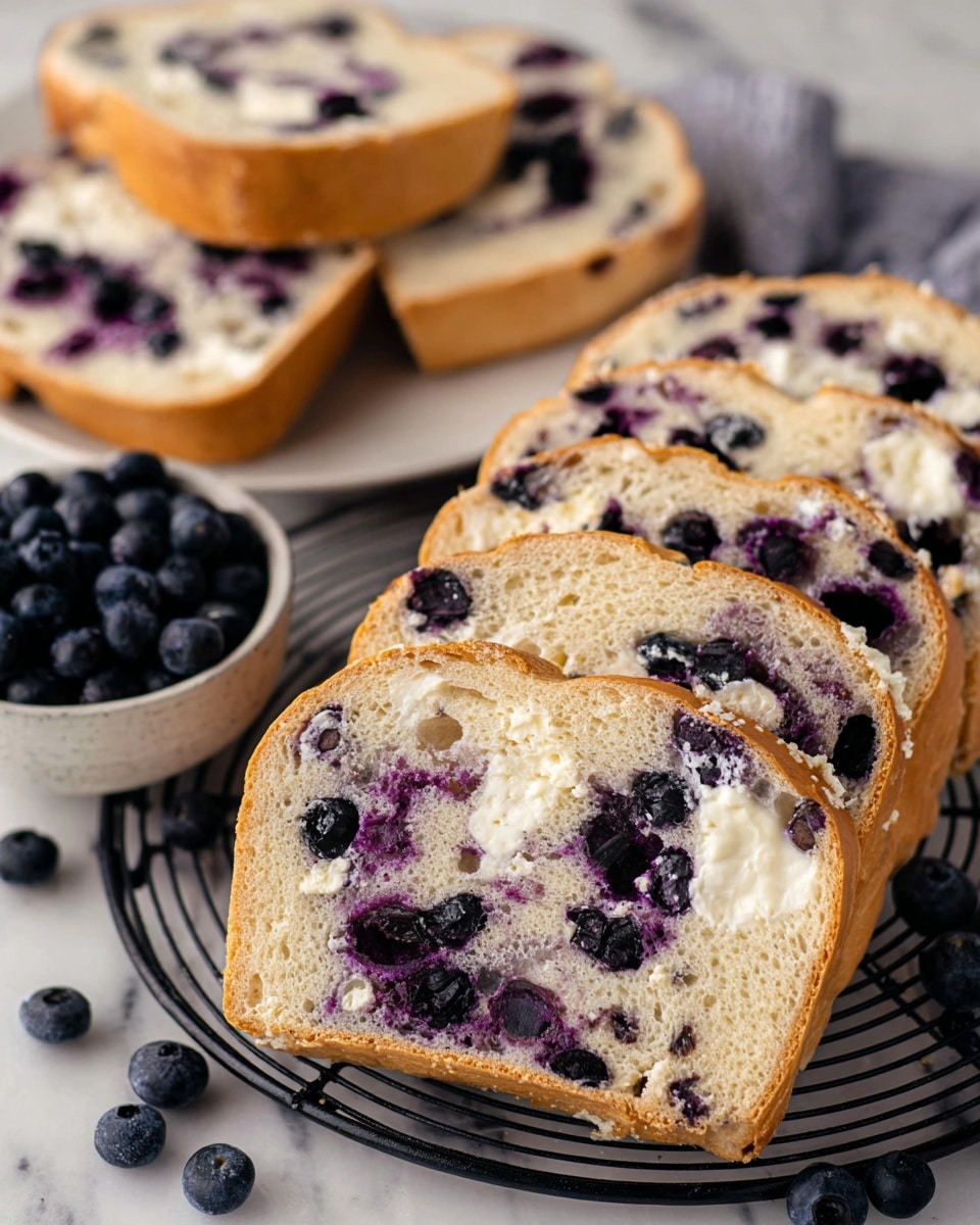 The image shows several slices of bread with blueberries and white cheese mixed inside. The bread is light tan with a soft, porous texture. Dark purple blueberries are scattered throughout the bread and swirled in with patches of white cheese inside the soft dough. The slices are stacked slightly overlapping on a round black wire cooling rack placed on a white marbled surface. To the left, there is a small white bowl filled with fresh dark blueberries. In the background, there is a white plate with more slices of the same bread. The photo taken with an iphone --ar 4:5 --v 7