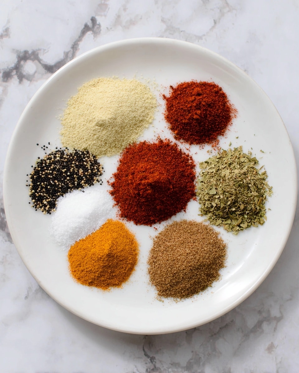 A white plate holds eight small piles of spices arranged in a circle, with one larger pile in the center. Starting from the top and moving clockwise, there is a light beige powder, a bright red powder, a small white powder pile, a dark brown powder, a black and white speckled powder, a medium brown powder, a light orange powder, and a dark green leafy spice. The background is a white marbled surface. photo taken with an iphone --ar 4:5 --v 7