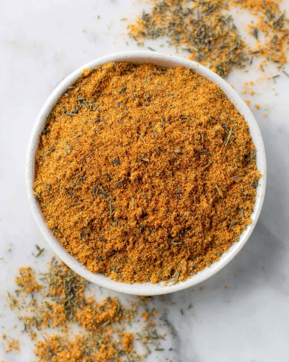 A round white bowl filled to the top with a mix of finely ground spices, showing a mostly orange-brown color with some scattered green herb pieces throughout. The texture is powdery with small coarse bits, and some of the spice blend is spilled outside the bowl onto a white marbled surface. The spice mix looks dry and crumbly with uneven parts that give a natural, rustic feel. photo taken with an iphone --ar 4:5 --v 7