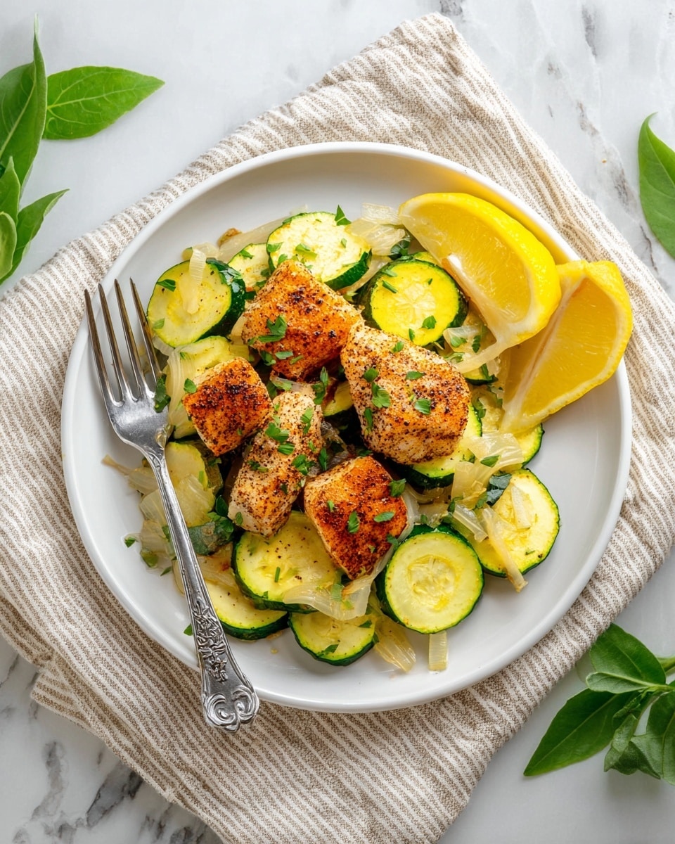 A white plate holds a bed of cooked zucchini slices that are pale yellow with green edges, and some translucent pieces of onion mixed in. On top, there are several pieces of cooked fish with a golden-brown crust, seasoned with dark pepper and sprinkled with chopped green herbs. To the side of the fish and vegetables, there are two bright yellow lemon wedges. A silver fork with a detailed handle lies on the left edge of the plate, which sits on a beige and white striped cloth on a white marbled surface. Green leaves are visible near the top and bottom right corners of the image. Photo taken with an iphone --ar 4:5 --v 7