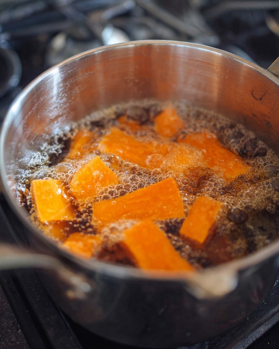 A close-up view of a silver metal pot filled with bubbling hot water boiling orange sweet potato pieces cut into rectangular shapes floating inside. The pot is placed on a stovetop with a black burner in the background. The bubbles in the water create foam on the surface around the sweet potatoes, showing active boiling. photo taken with an iphone --ar 4:5 --v 7