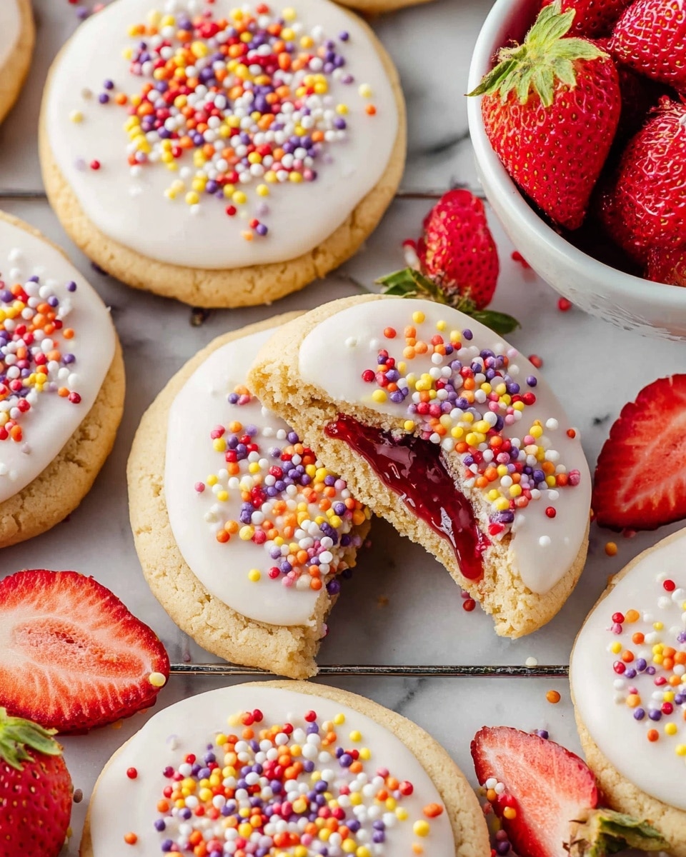 Several round cookies with a light golden brown color form the base, each topped with a smooth white icing layer spread evenly across the top. Bright, colorful sprinkles in shades of red, orange, yellow, purple, and white are scattered on the icing, adding texture and vibrancy. One cookie in the center is broken in half, showing a glossy red jam layer sandwiched in the middle of the cookie’s soft, crumbly interior. Around the cookies, fresh red strawberries with their green leaves are placed on a white marbled surface. A white bowl filled with sliced strawberries is partially visible to the right. Photo taken with an iphone --ar 4:5 --v 7