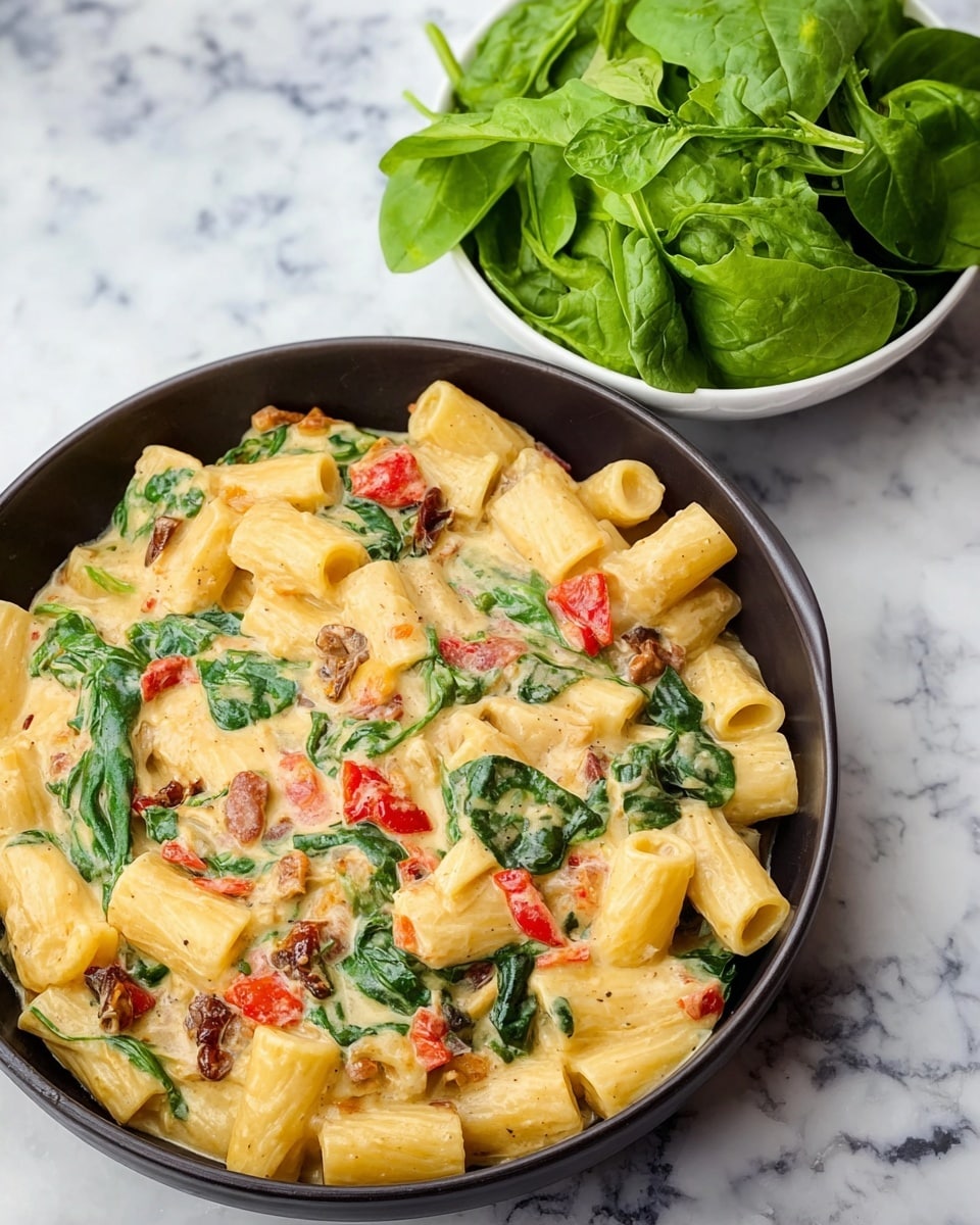 The dish is a creamy pasta served in a white bowl, filled with short tube-shaped pasta pieces coated in a smooth, light yellow sauce. Mixed in are vibrant green spinach leaves, red bell pepper chunks, and small browned bits that look like mushrooms or sun-dried tomato pieces, giving the pasta a colorful and textured look. The pasta is piled high, with visible pieces of vegetables scattered throughout. Next to the bowl is a small white bowl filled with fresh leafy spinach on a white marbled surface, adding a fresh contrast. photo taken with an iphone --ar 4:5 --v 7
