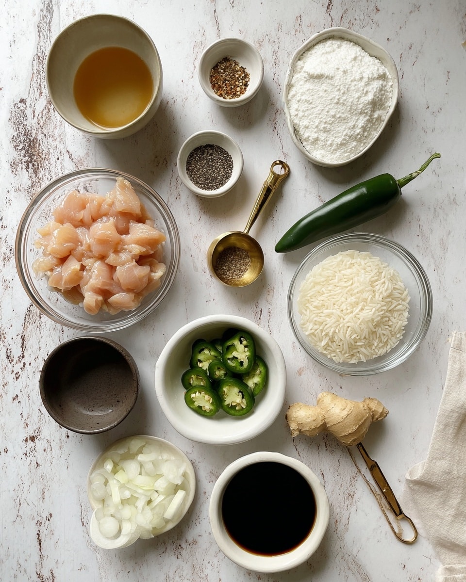 The image shows an overhead view of cooking ingredients arranged on a white marbled surface. Starting from the bottom left, there is a clear bowl filled with light pink pieces of raw chicken. Above it, a small dark brown bowl holds white powder, possibly flour or cornstarch. Center-left, a glass bowl contains chopped white onions. To the right of the onions, a small white bowl holds sliced green jalapeños and one whole jalapeño on top. Near the center, a piece of fresh ginger root sits on the surface. Above the ginger, a small white bowl contains a mix of salt and black pepper. Next to this, a gold measuring spoon holds a light brown powder. Above that, a gold measuring cup is filled with white uncooked rice. On the left side near the top, a small beige bowl contains a light golden liquid, likely broth or sauce. Below it is a small white cup filled with minced garlic. On the right bottom corner, a white bowl contains dark soy sauce. The scene is neatly organized and shows a process of ingredient preparation. photo taken with an iphone --ar 4:5 --v 7