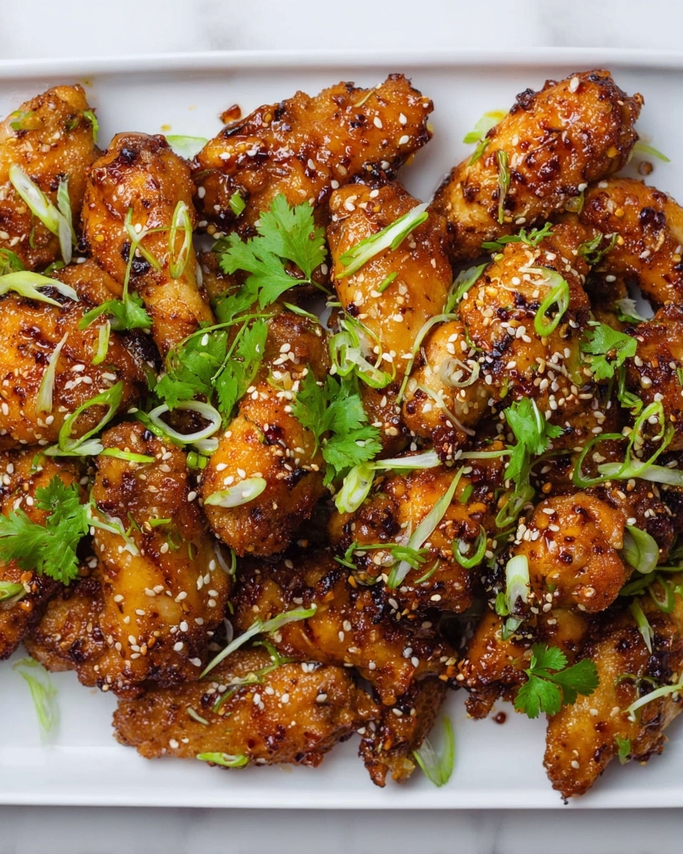 The image shows a white plate full of golden-brown chicken wings covered in a shiny glaze. The wings have a slightly crispy texture with some charred spots. Scattered on top are thin light green slices of green onion and fresh green cilantro leaves, adding color contrast. White sesame seeds are sprinkled evenly over the wings for extra texture. The plate rests on a white marbled surface. photo taken with an iphone --ar 4:5 --v 7