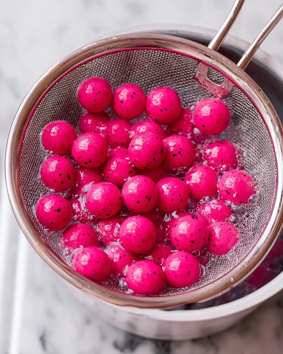 The image shows a metal wire skimmer holding many small, shiny, bright pink round balls with tiny black spots on them. The skimmer is placed over a white pot filled with clear bubbling water, with the pot sitting on a stove. The bright pink balls have a smooth, glossy texture and are grouped tightly inside the skimmer. The background surface is white with a marbled pattern. Photo taken with an iphone --ar 4:5 --v 7