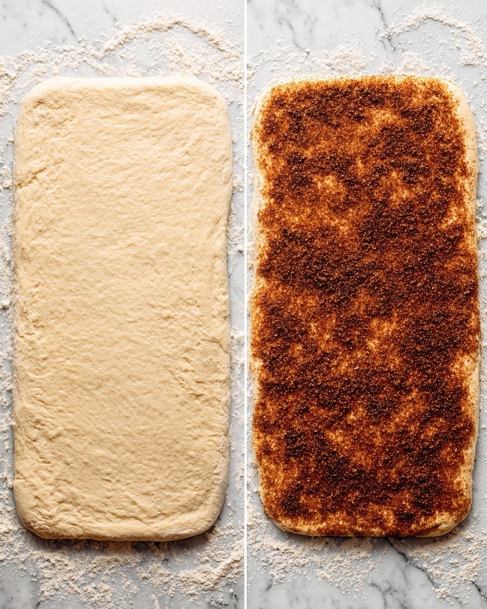 The image shows two stages of a dough rectangle on a white marbled surface with scattered flour around the edges. On the left side, the dough is plain, smooth, and light beige in color with a slightly soft texture. On the right side, the same dough is covered evenly with a dark brown layer of cinnamon sugar mixture, spread all over the surface except the edges, giving it a textured and speckled look. The dough remains soft and fresh-looking in both images. Photo taken with an iphone --ar 4:5 --v 7