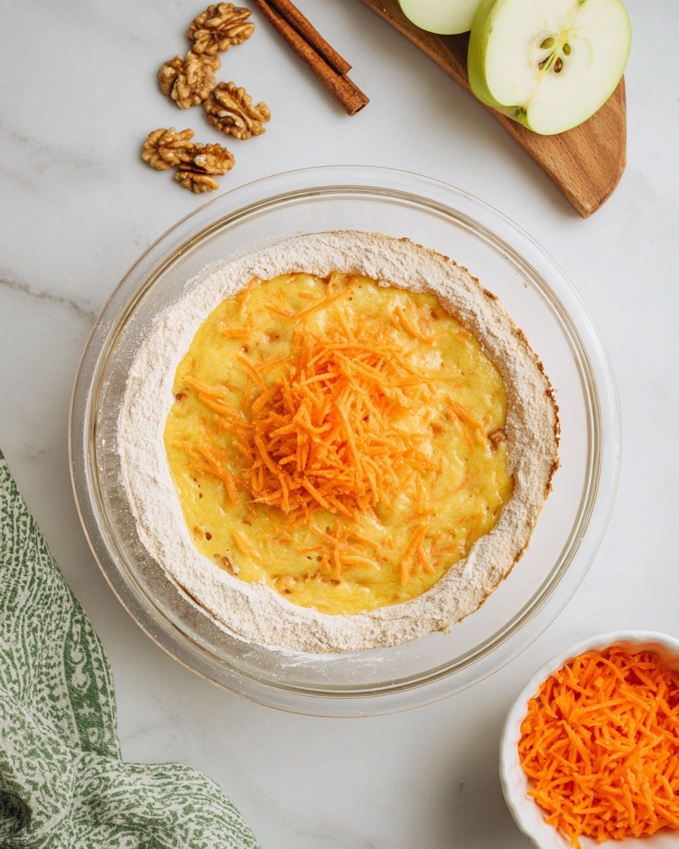 A clear glass bowl sits on a white marbled surface, filled with two layers: the bottom layer is light beige flour, forming a thick ring around the edge of the bowl, while the top center layer is a wet, yellow batter with visible orange shredded carrot pieces mixed in. Above the bowl, on the white marbled surface, there are two halves of a green apple showing the pale green inside, two walnut halves, one clove, and a small white bowl filled with more bright orange shredded carrots. A cinnamon stick rests near the bowl of carrots, adding a touch of brown color. A green patterned cloth is partially visible at the bottom left corner. photo taken with an iphone --ar 4:5 --v 7